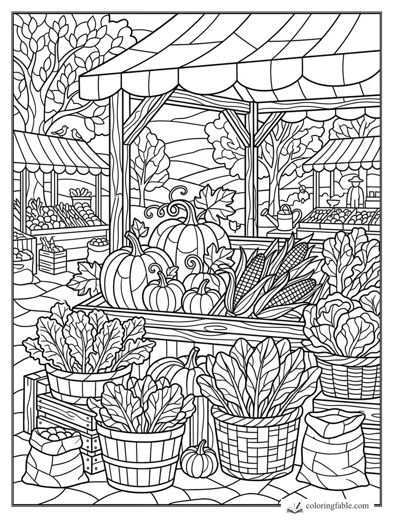 Intricate stained-glass harvest market with pumpkins, corn, leafy baskets, awnings, trees, and vendor stalls.