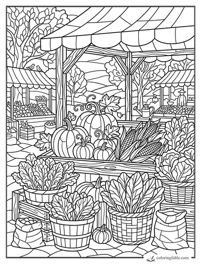 Intricate stained-glass harvest market with pumpkins, corn, leafy baskets, awnings, trees, and vendor stalls.