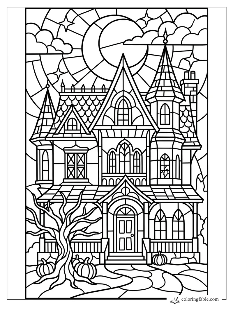 Intricate stained-glass haunted house with turrets, pumpkins, bare tree, moon, clouds, and stars