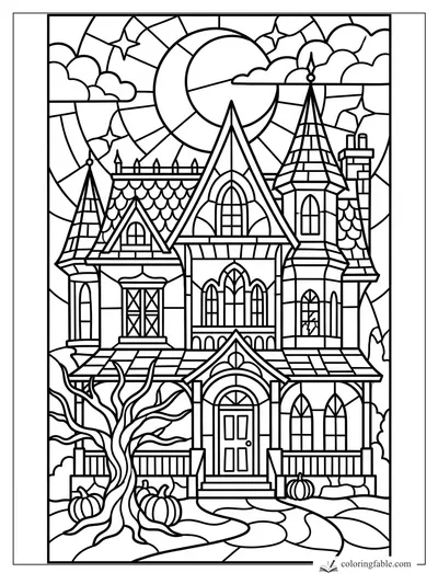 Intricate stained-glass haunted house with turrets, pumpkins, bare tree, moon, clouds, and stars