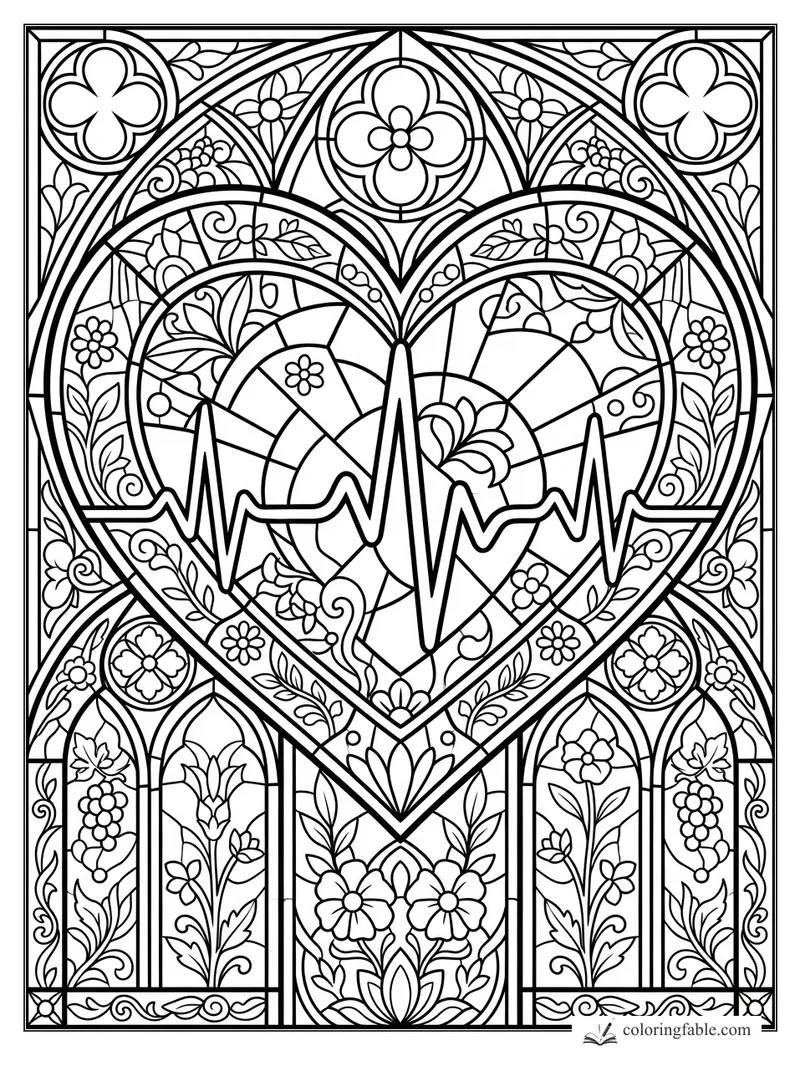 Intricate stained-glass heart with heartbeat line, flowers, vines, arches, and clover panels.