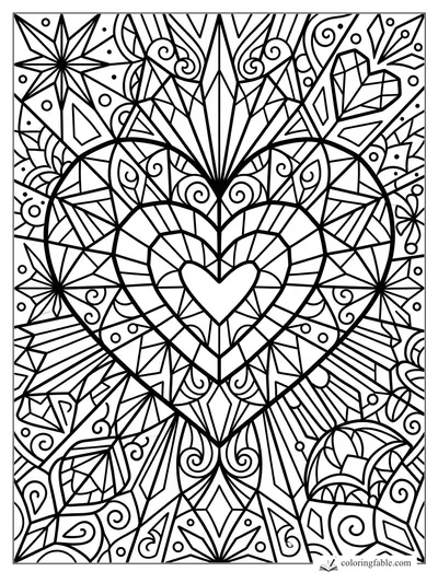 Intricate stained-glass heart pattern with stars, spirals, crystal facets, and fan shapes