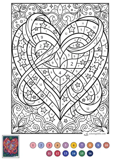 Stained Glass Heart with Swirling Stars — color by number