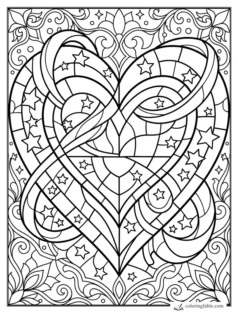 Stained-glass heart coloring page with ribbon-like curves, stars, leaves, and ornate scrollwork