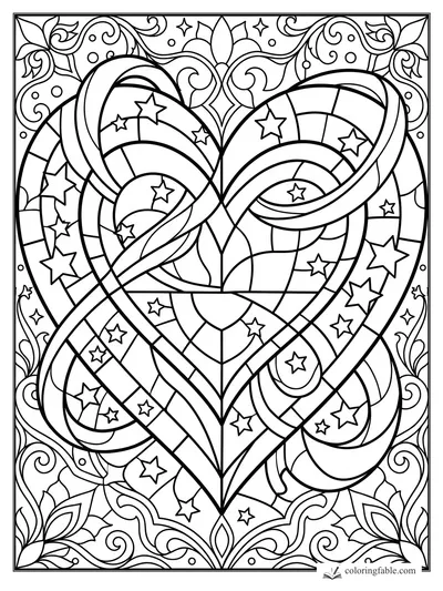 Stained-glass heart coloring page with ribbon-like curves, stars, leaves, and ornate scrollwork