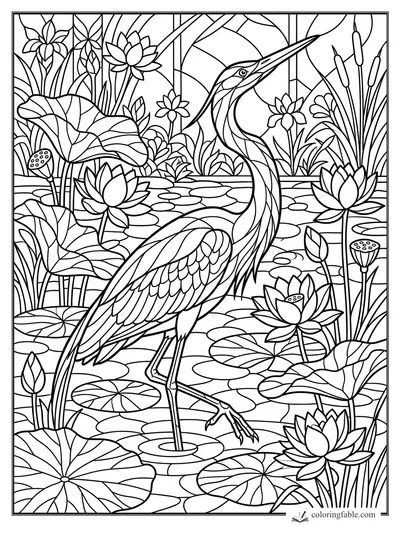 Intricate stained-glass heron standing among lotus flowers, lily pads, reeds, and cattails in a pond