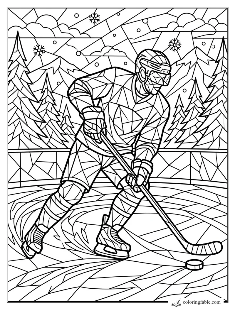 Intricate stained-glass hockey player skating with puck on an outdoor rink among snowy pines and mountains.