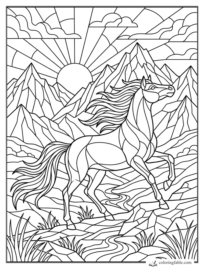 Intricate stained-glass horse rearing on a rocky mountain trail at sunrise