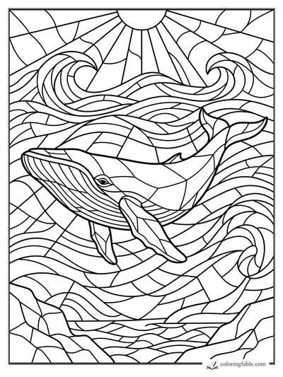 Intricate stained-glass humpback whale swimming under sun rays and curling ocean waves