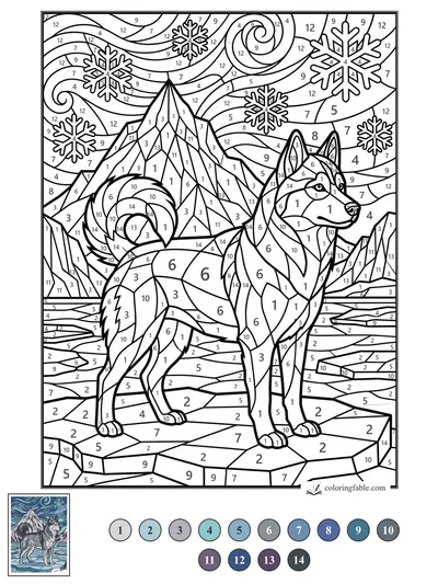 Stained-Glass Husky on an Ice Floe — color by number