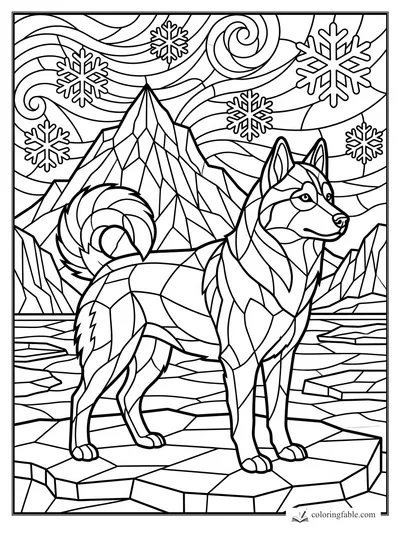 Stained-glass husky standing on cracked ice with sharp mountains, swirling sky, and hanging snowflakes