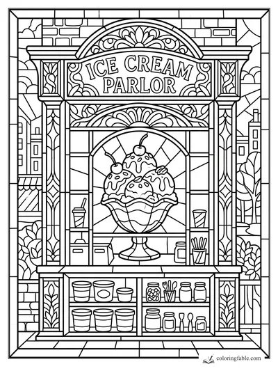 Intricate stained-glass ice cream parlor with sundae, cherries, shelves, jars, and city storefront details