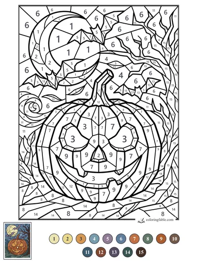 Stained-Glass Jack-o’-Lantern Under a Batty Crescent Moon — color by number