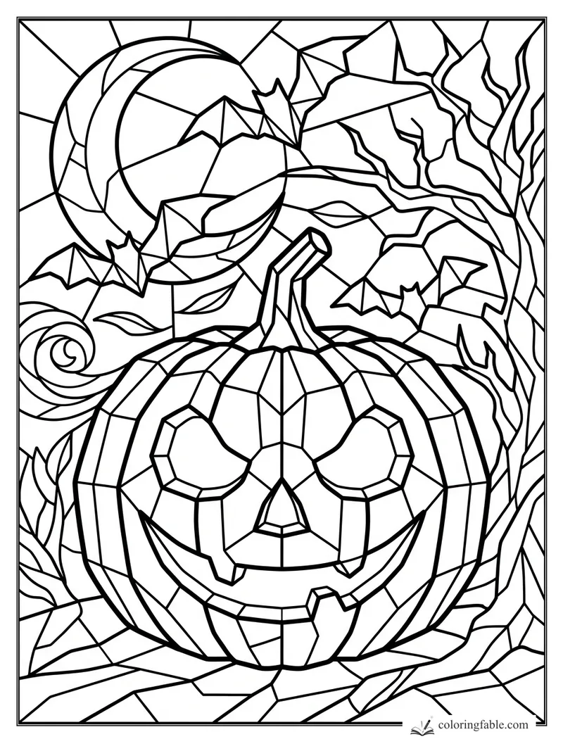 Stained-glass jack-o’-lantern with crescent moon, bats, autumn leaves, and twisted tree branches