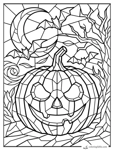 Stained-glass jack-o’-lantern with crescent moon, bats, autumn leaves, and twisted tree branches