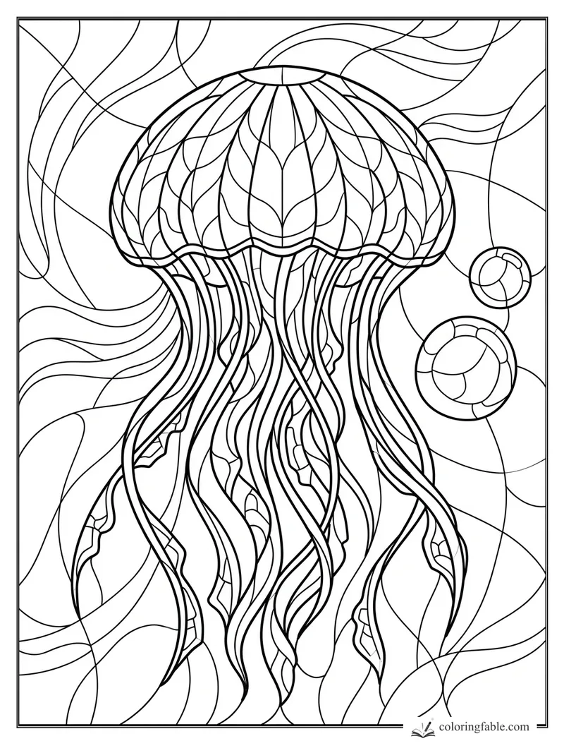 Intricate stained-glass jellyfish with layered bell, flowing tentacles, bubbles, and wave lines
