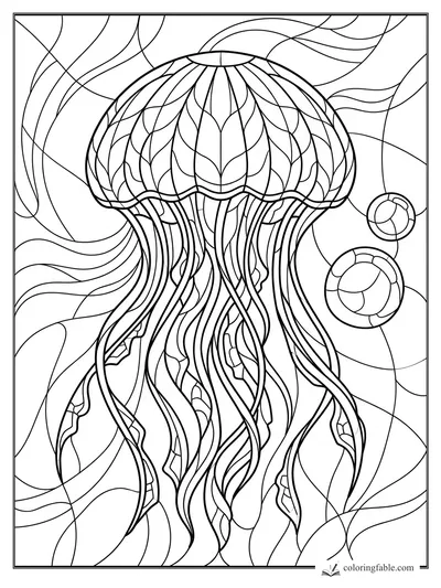 Intricate stained-glass jellyfish with layered bell, flowing tentacles, bubbles, and wave lines