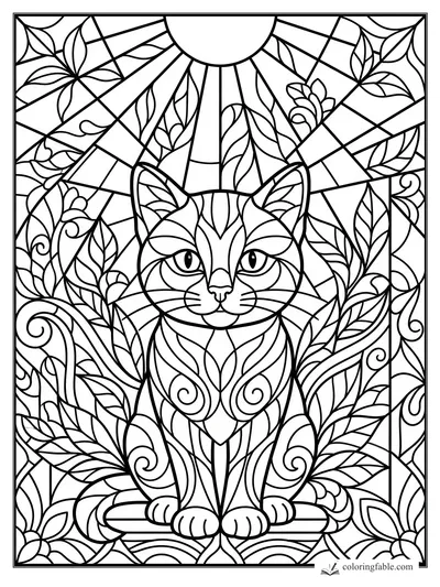 Intricate stained-glass kitten with leafy vines, curled tail, sunbeams, and floral panels