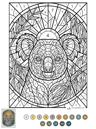 Stained-Glass Koala with Sunrise Eucalyptus — color by number