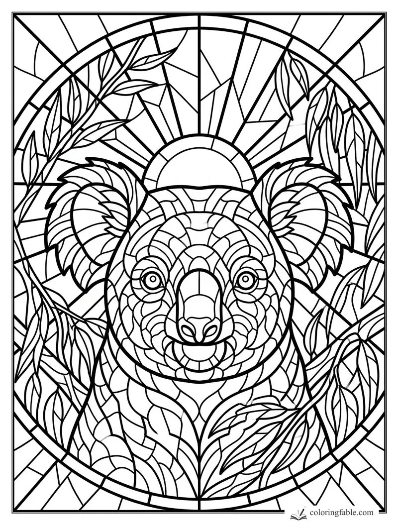 Intricate stained-glass koala face framed by eucalyptus leaves and a rising sun
