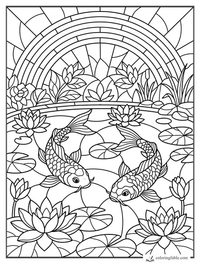 Intricate stained-glass rainbow over two koi, lotus flowers, lily pads, reeds, and pond ripples.