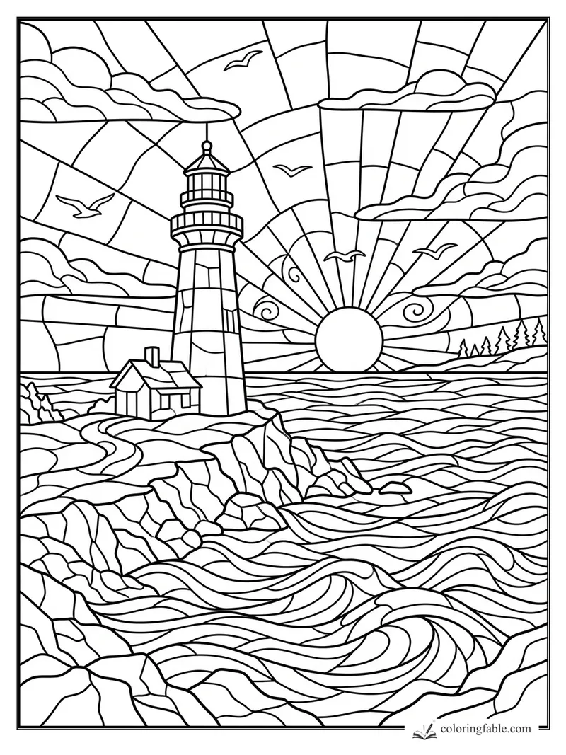 Intricate stained-glass lighthouse on cliffs above waves at sunset with clouds, gulls, cottage, and pines
