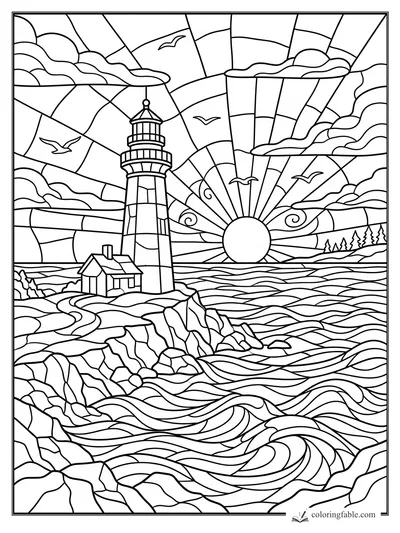 Intricate stained-glass lighthouse on cliffs above waves at sunset with clouds, gulls, cottage, and pines