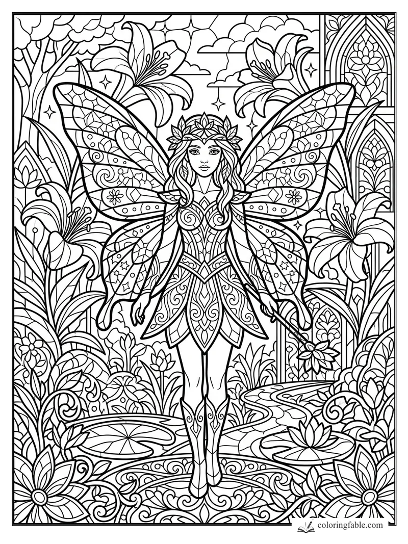 Intricate stained-glass fairy with patterned wings, lilies, pond paths, flowers, clouds, and arched borders.