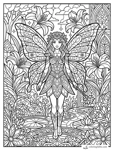 Intricate stained-glass fairy with patterned wings, lilies, pond paths, flowers, clouds, and arched borders.