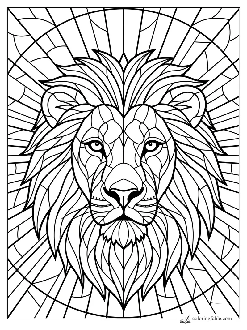Intricate stained-glass lion face with layered mane, calm eyes, and radiating sunburst panels.