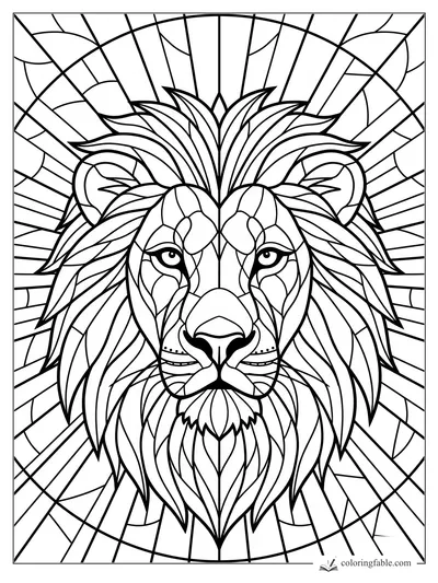 Intricate stained-glass lion face with layered mane, calm eyes, and radiating sunburst panels.