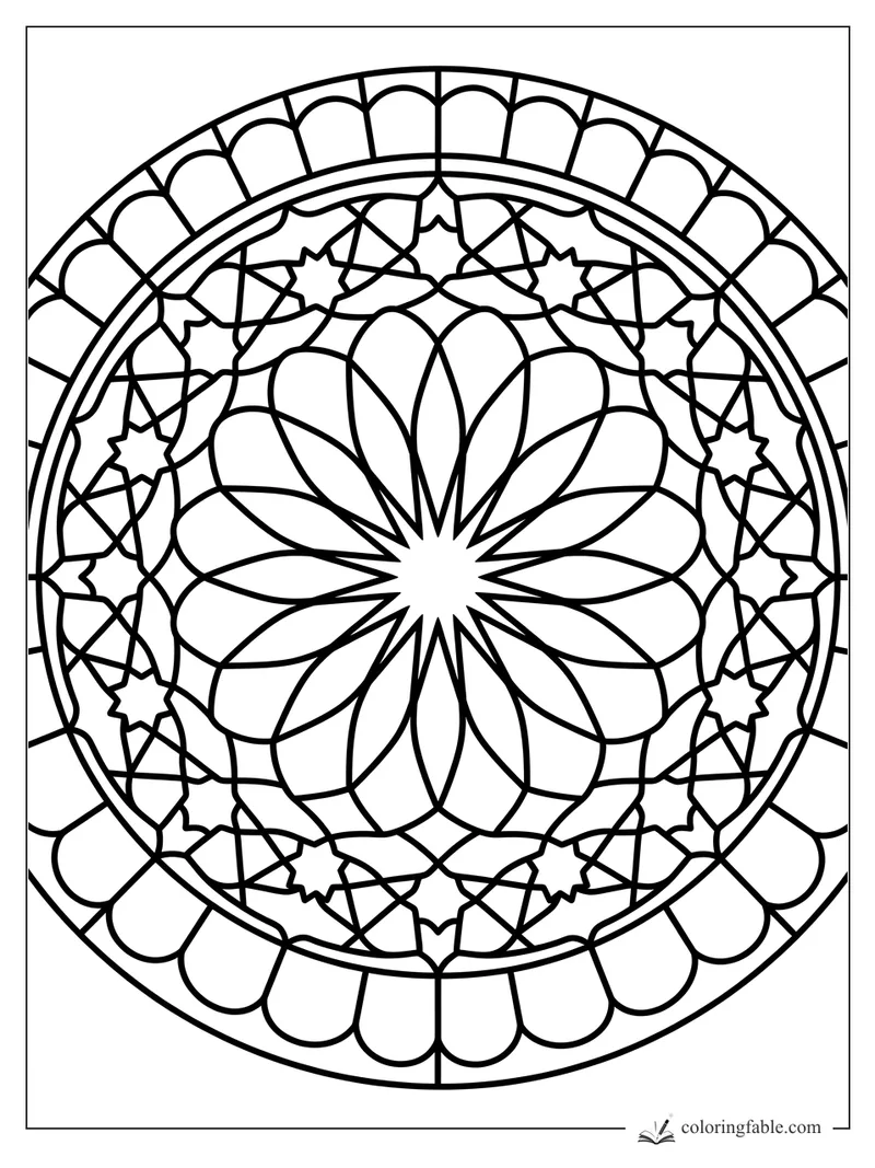 Intricate stained-glass mandala with layered petals, starbursts, arches, and bold circular borders.