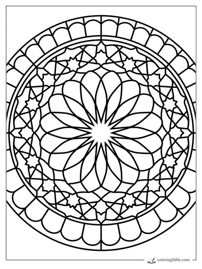 Intricate stained-glass mandala with layered petals, starbursts, arches, and bold circular borders.