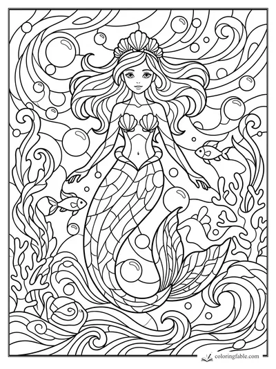 Intricate stained-glass anime mermaid with shell crown, flowing hair, fish, bubbles, coral, and curling waves.