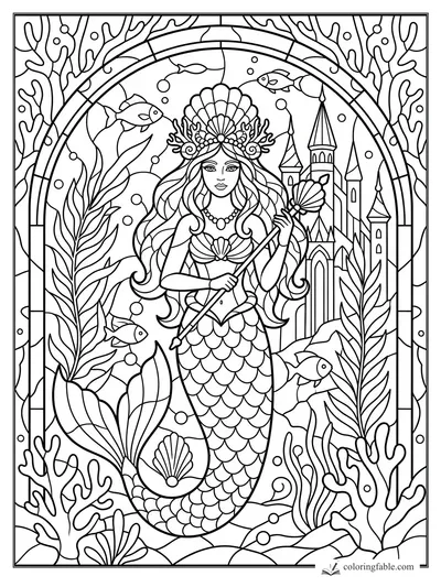 Intricate stained-glass mermaid holding a shell scepter before a sea castle, fish, kelp, coral, and bubbles