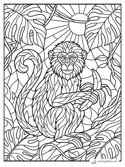 Intricate stained-glass monkey holding a banana among split monstera leaves and sun rays