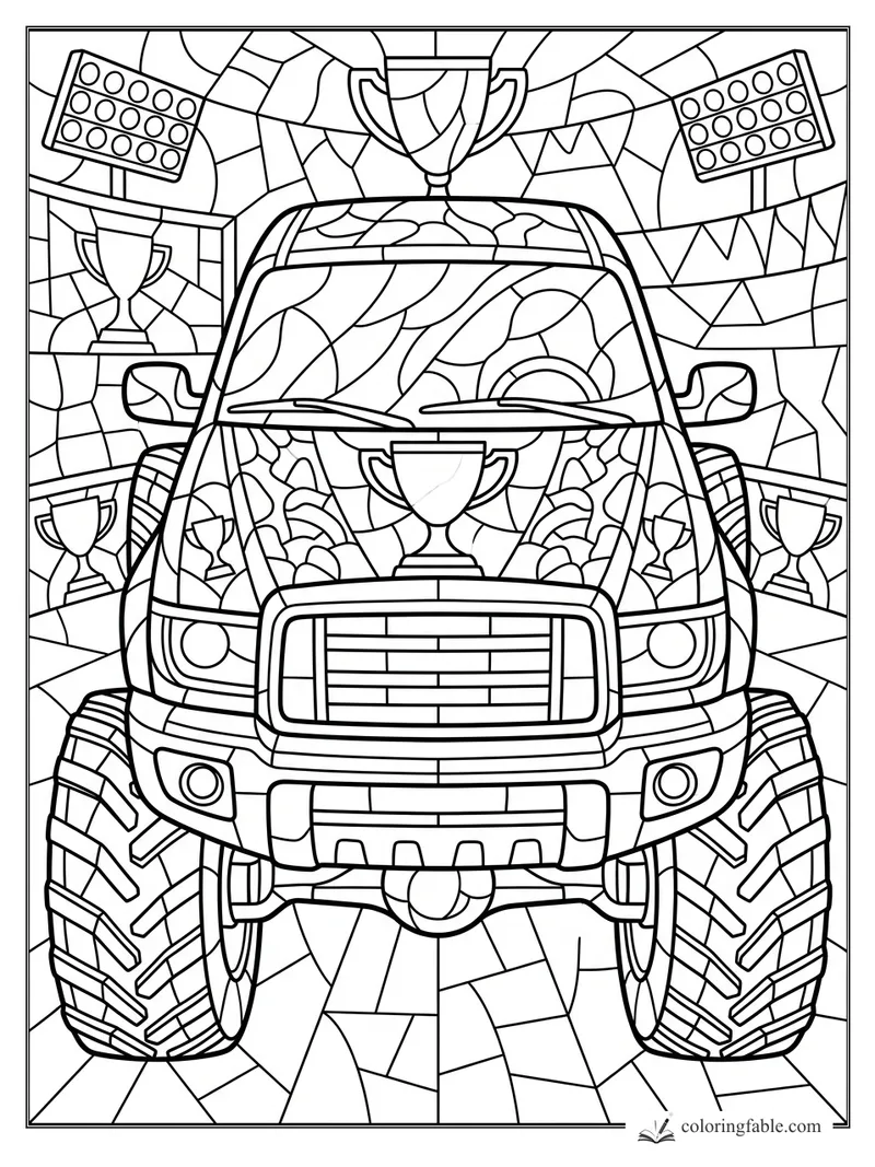 Stained-glass monster truck front view with huge tires, trophies, spotlights, and pennant flags.