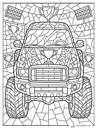 Stained-glass monster truck front view with huge tires, trophies, spotlights, and pennant flags.