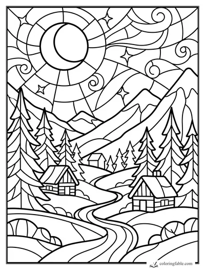 Stained-glass mountain village with pine trees, cabins, winding road, stars, clouds, and crescent sun