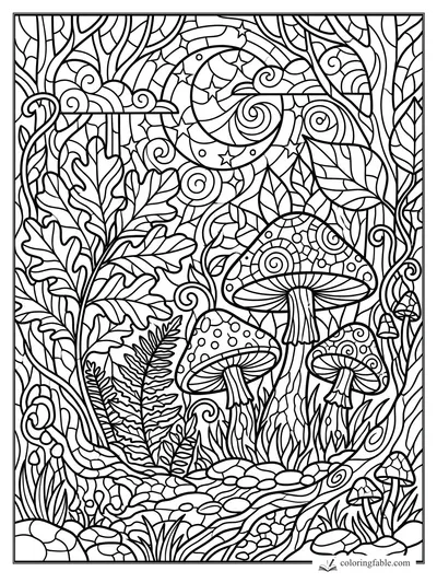 Intricate stained-glass mushroom grove with spotted caps, oak leaves, ferns, spirals, stars, and crescent moon