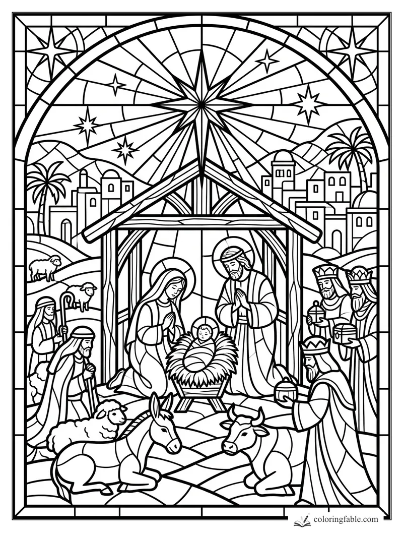 Intricate stained-glass Nativity with Mary, Joseph, baby Jesus, wise men, shepherds, animals, and star