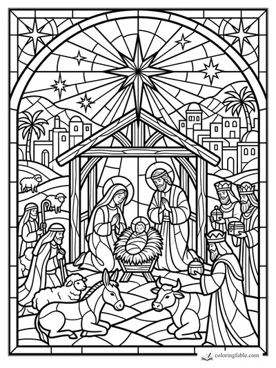 Intricate stained-glass Nativity with Mary, Joseph, baby Jesus, wise men, shepherds, animals, and star