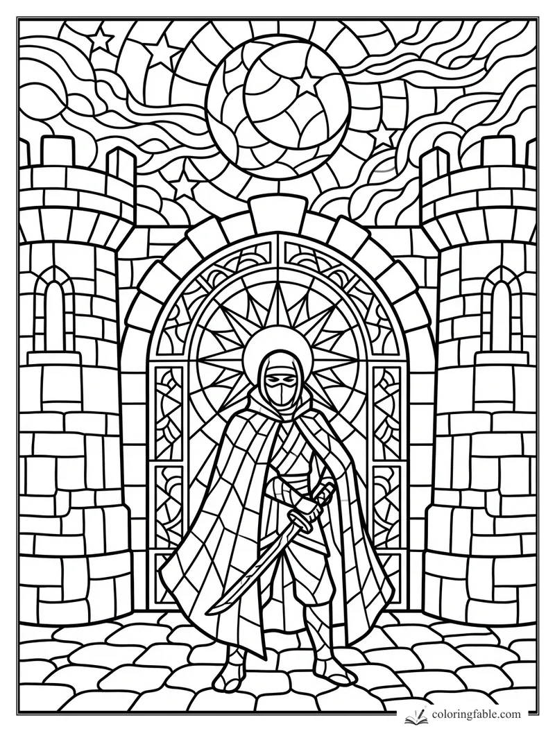 Intricate stained-glass ninja with sword before castle towers, star window, moon, clouds, and stars.