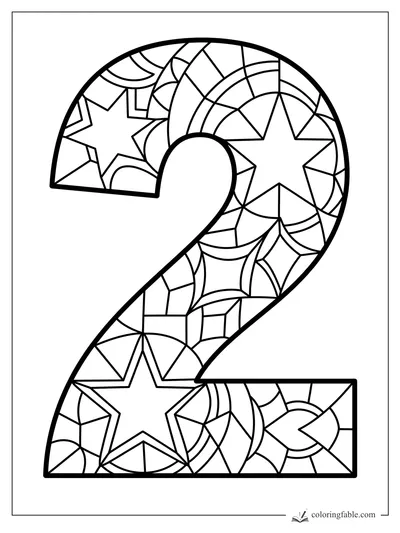 Stained-glass number 2 coloring page with three stars, curved bands, leaf shapes, and mosaic panels