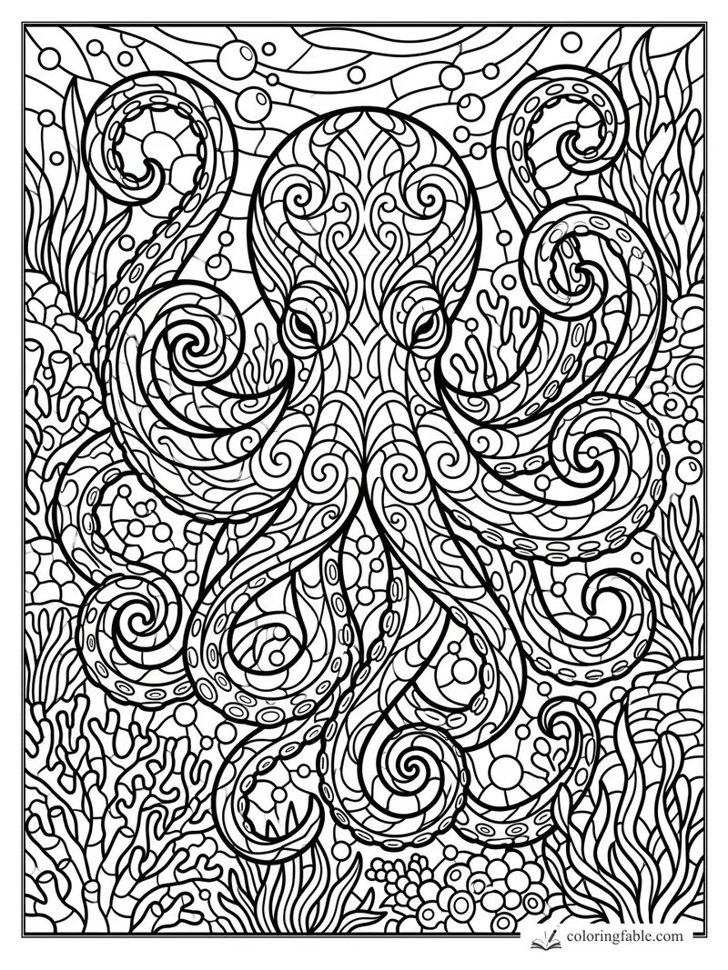 Intricate stained-glass octopus with curling tentacles, bubbles, coral, and seaweed.