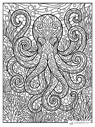 Intricate stained-glass octopus with curling tentacles, bubbles, coral, and seaweed.