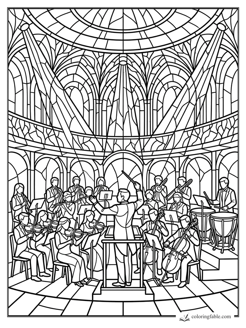 Intricate stained-glass orchestra with conductor, strings, winds, brass, timpani, arches, and spotlights.
