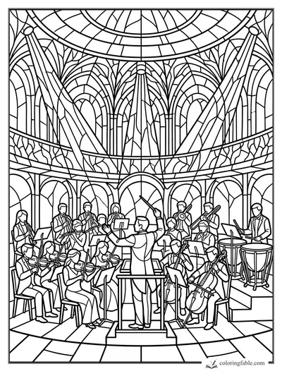Intricate stained-glass orchestra with conductor, strings, winds, brass, timpani, arches, and spotlights.
