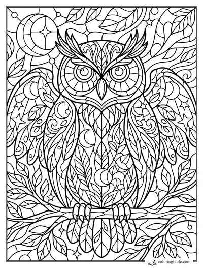 Intricate stained-glass owl on a branch with leaf feathers, crescent moons, stars, and vines.