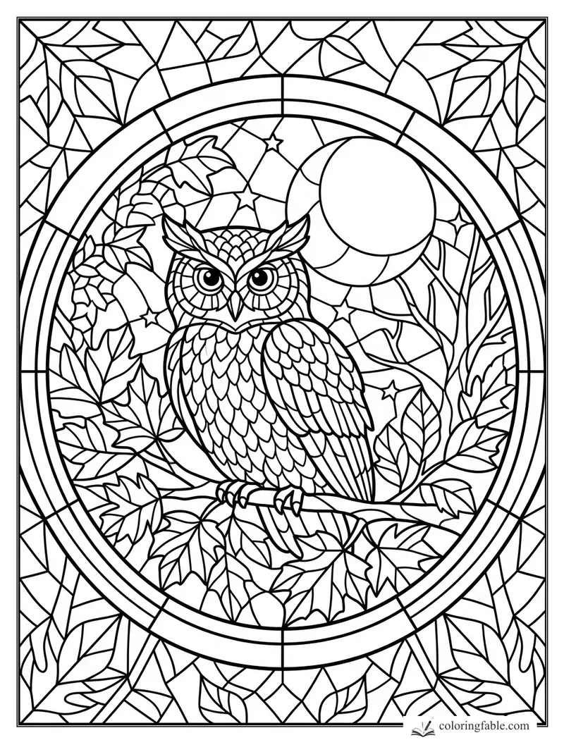 Intricate stained-glass owl perched among maple leaves, stars, and a full moon